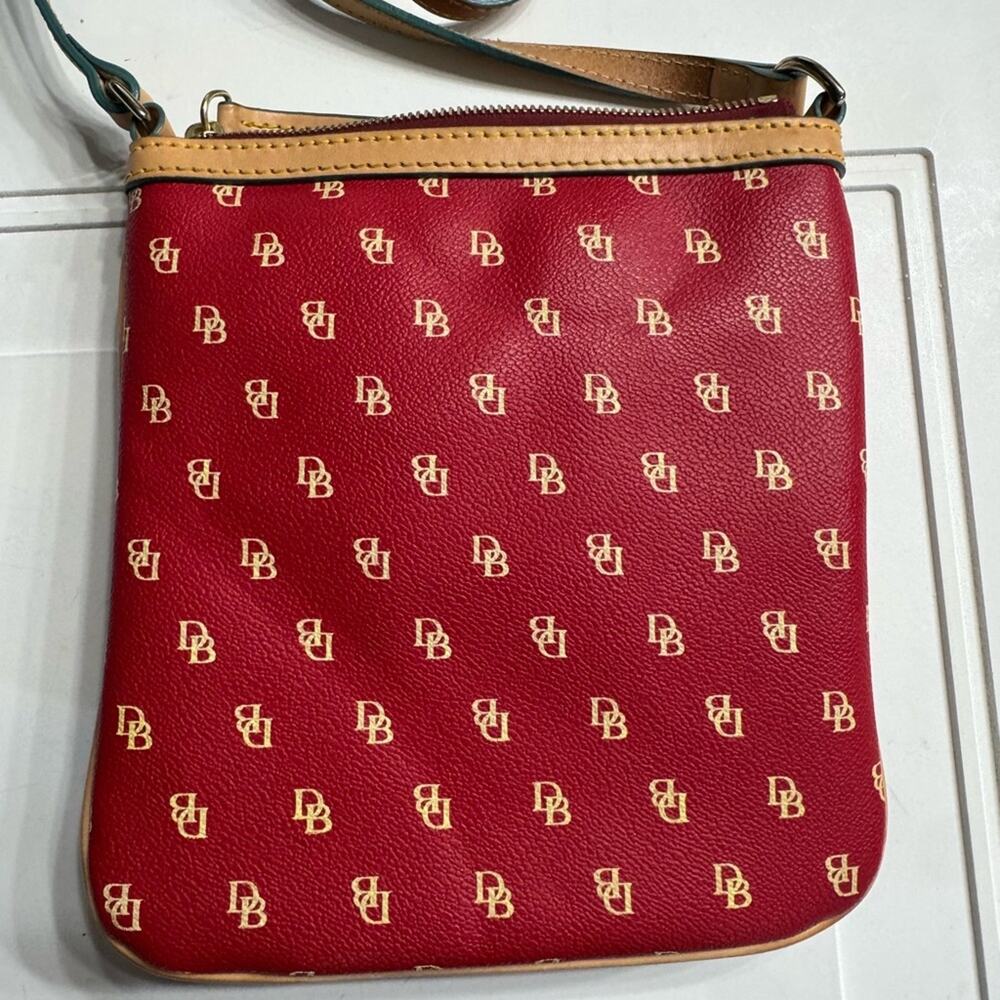 Dooney & Bourke Leather Letter Carrier Crossbody Red Tan Monogram Bag Purse - Picture 5 of 5